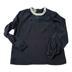Vintage 80s JORDAN‎ Petite size 6, pearl neckline, shoulder pads, pleated front